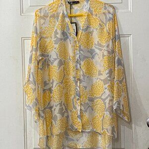 M Made in Italy Silk Blend Fit Sz M Blouse Button Up Sheer Long Sleeve Floral